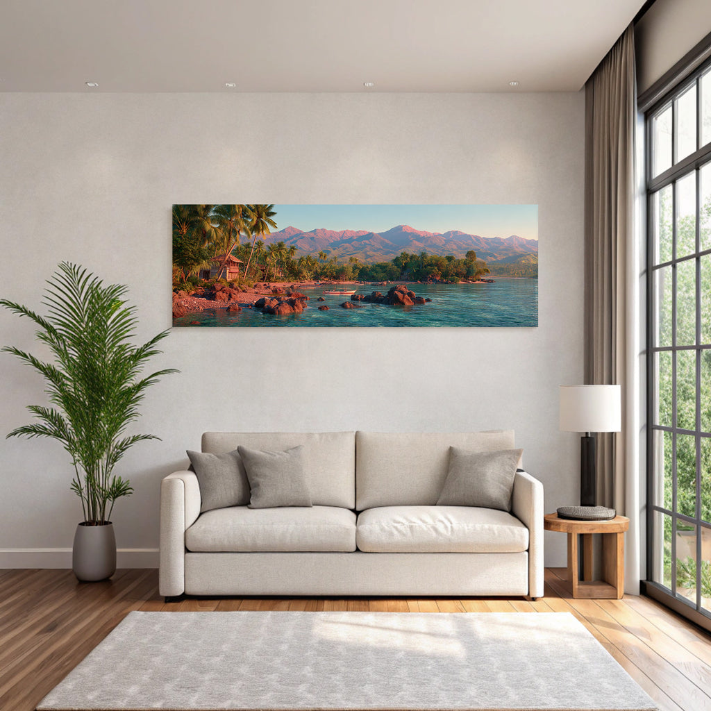 Berge Und Panoramen Friedlicher Tropenlandschaft Mit Küste Und Palm Baeumen