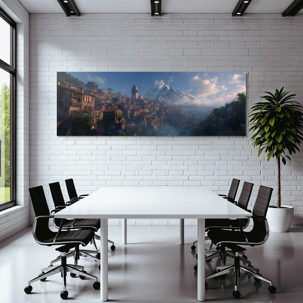 Berge Und Panoramen Hügelstadt Mit Rustikaler Architektur Und Schneebedeckten Bergen