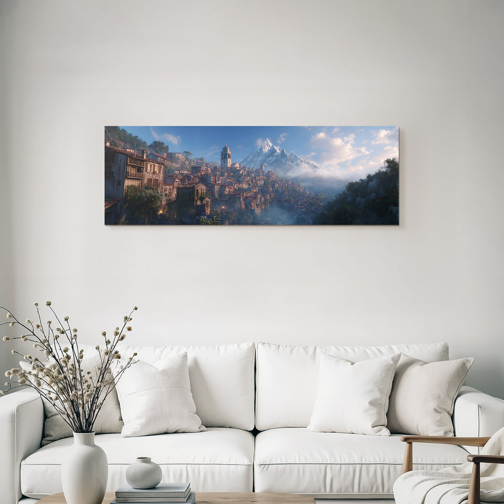 Berge Und Panoramen Hügelstadt Mit Rustikaler Architektur Und Schneebedeckten Bergen