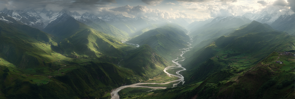 Berge Und Panoramen Lush Grüne Berge Windender Fluss Schneebedeckte Gipfel | Berge und Panoramen | Landschaften