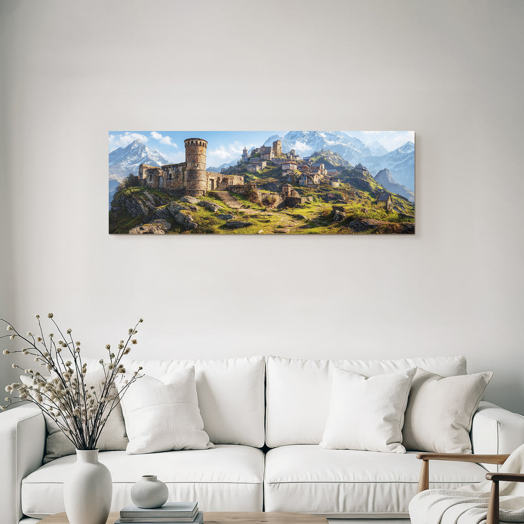 Berge Und Panoramen Mittelalterliche Burg In Den Bergen Mit Blick Auf Schneebedeckte Gipfel