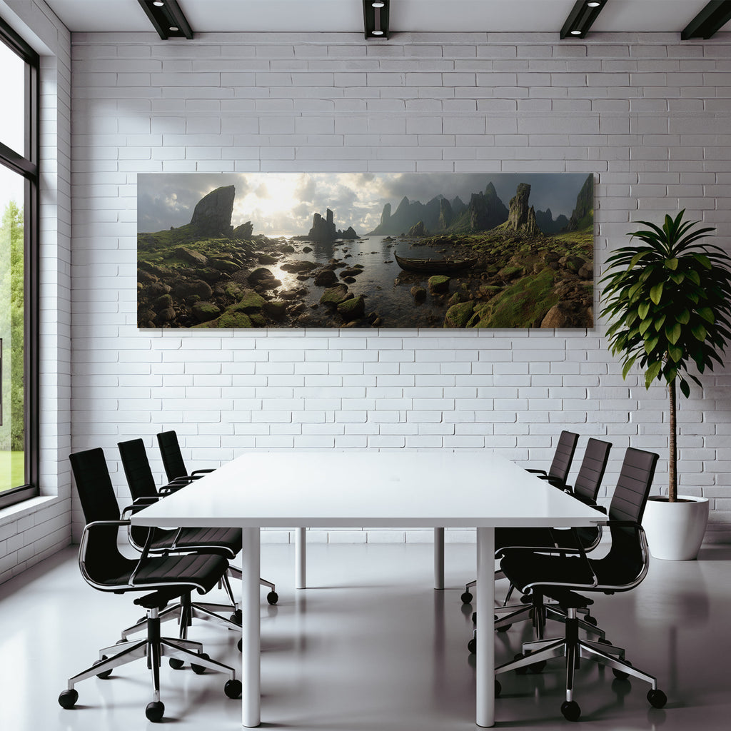 Berge Und Panoramen Scenic Landschaft Mit Felsen Und Boat Reflection Im Sonnenlicht