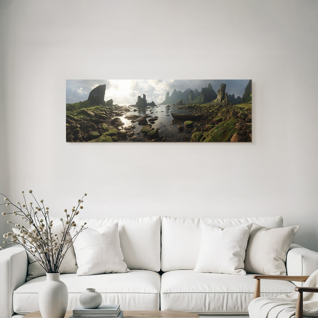 Berge Und Panoramen Scenic Landschaft Mit Felsen Und Boat Reflection Im Sonnenlicht