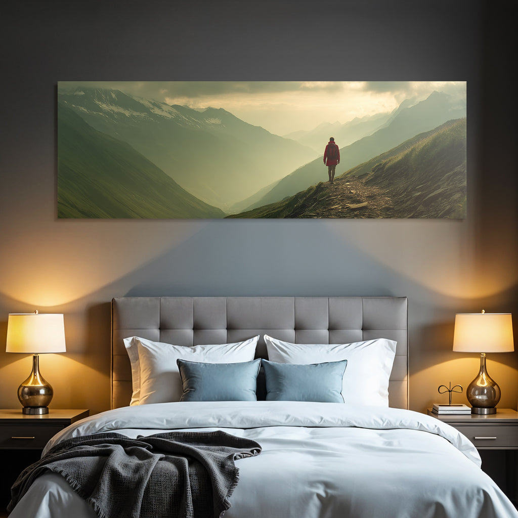 Berge Und Panoramen Scenic Mountainous Landscape With Adventurer In Red Jacket