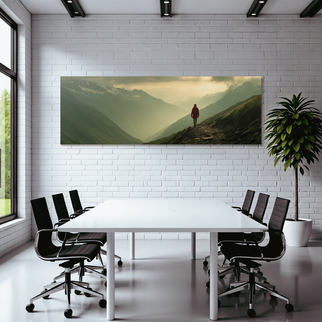 Berge Und Panoramen Scenic Mountainous Landscape With Adventurer In Red Jacket