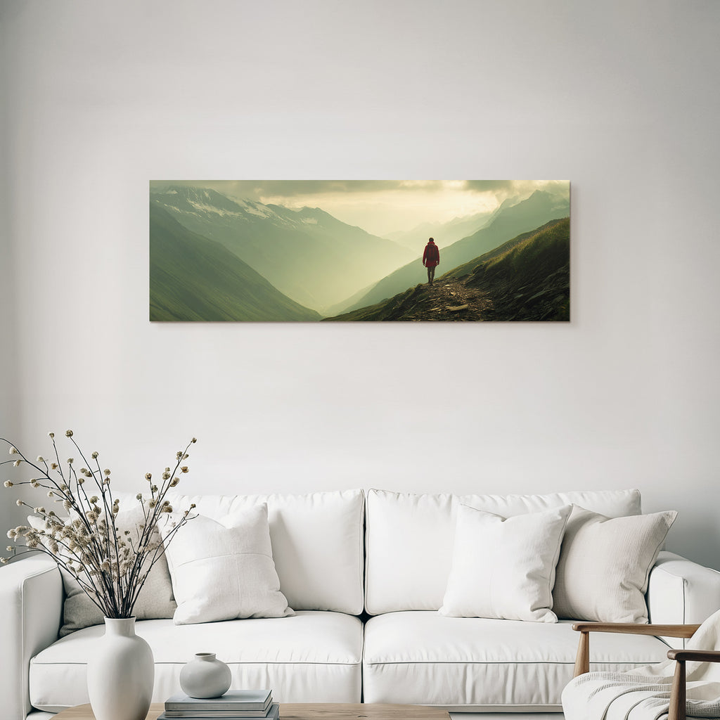 Berge Und Panoramen Scenic Mountainous Landscape With Adventurer In Red Jacket