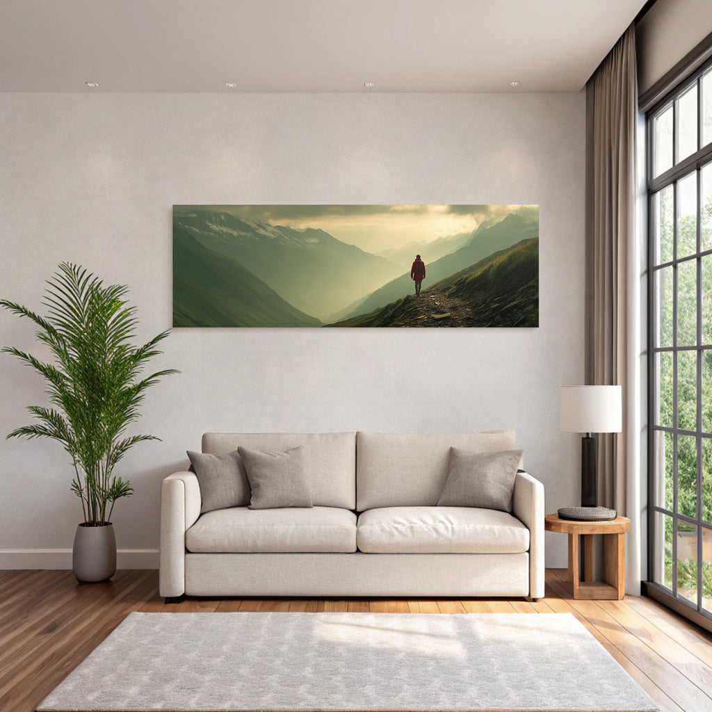 Berge Und Panoramen Scenic Mountainous Landscape With Adventurer In Red Jacket