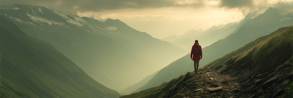 Berge Und Panoramen Scenic Mountainous Landscape With Adventurer In Red Jacket | Berge und Panoramen | Landschaften