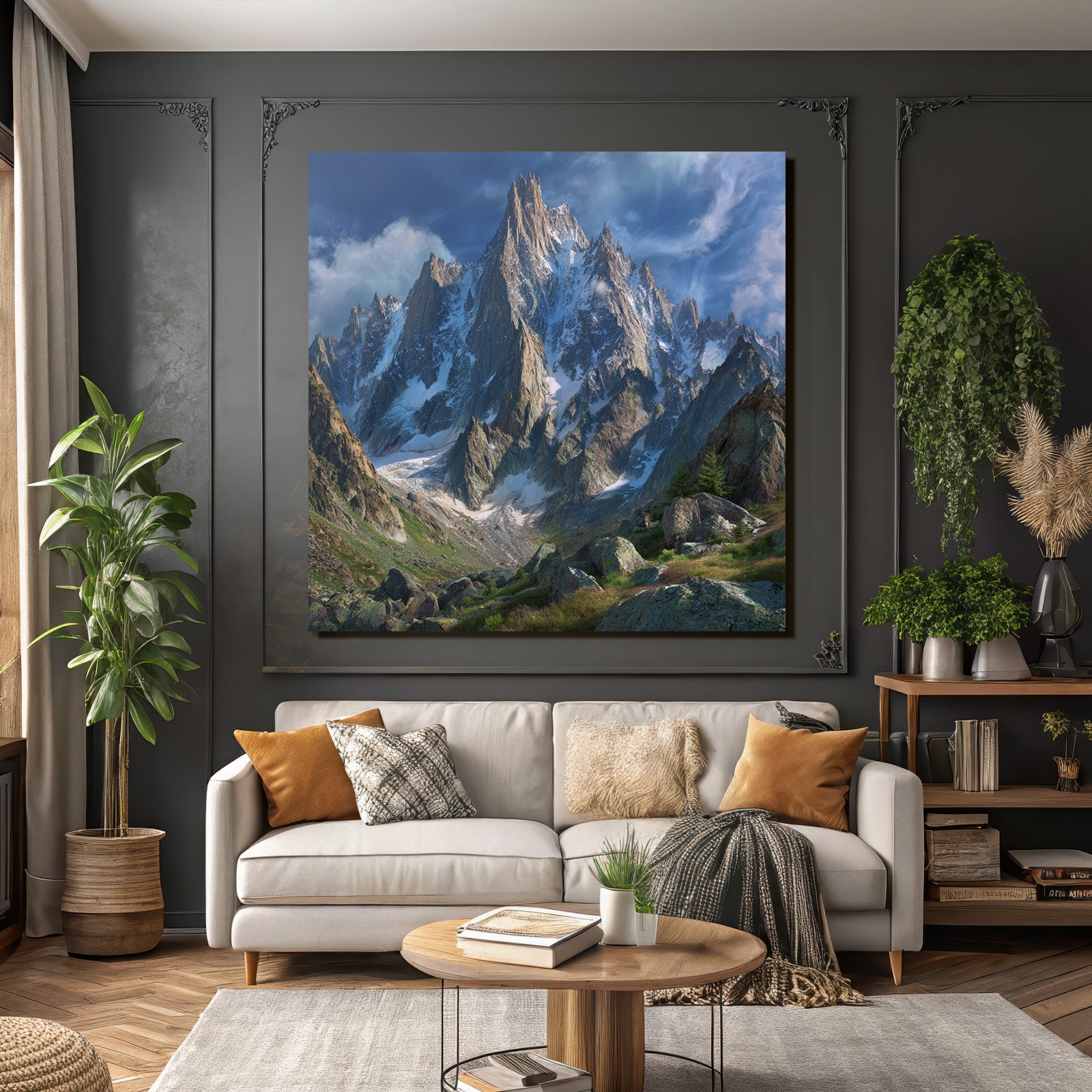 Berge Und Panoramen Bergbild Mit Schneebedeckten Spitzen Und Grünem Vordergrund