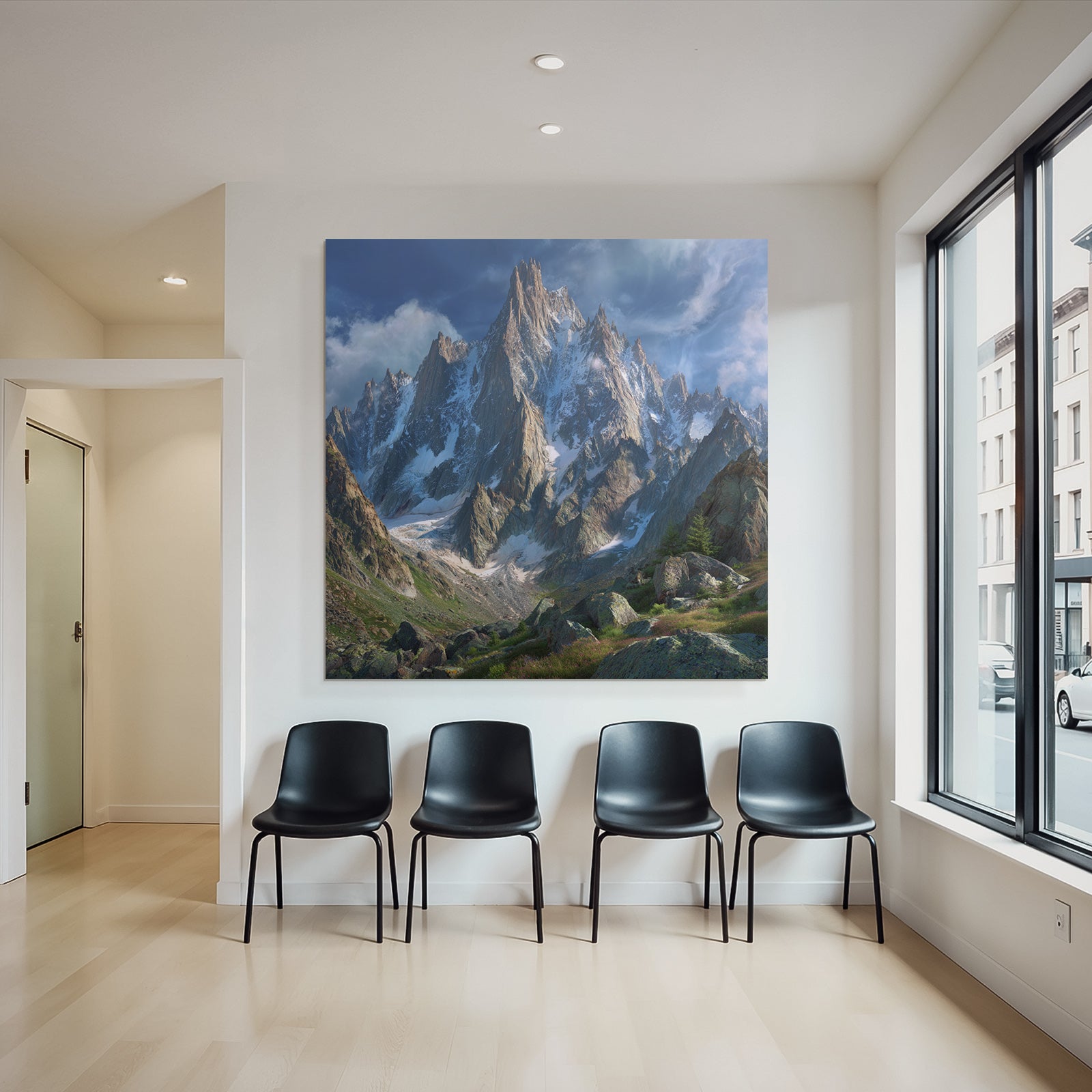 Berge Und Panoramen Bergbild Mit Schneebedeckten Spitzen Und Grünem Vordergrund
