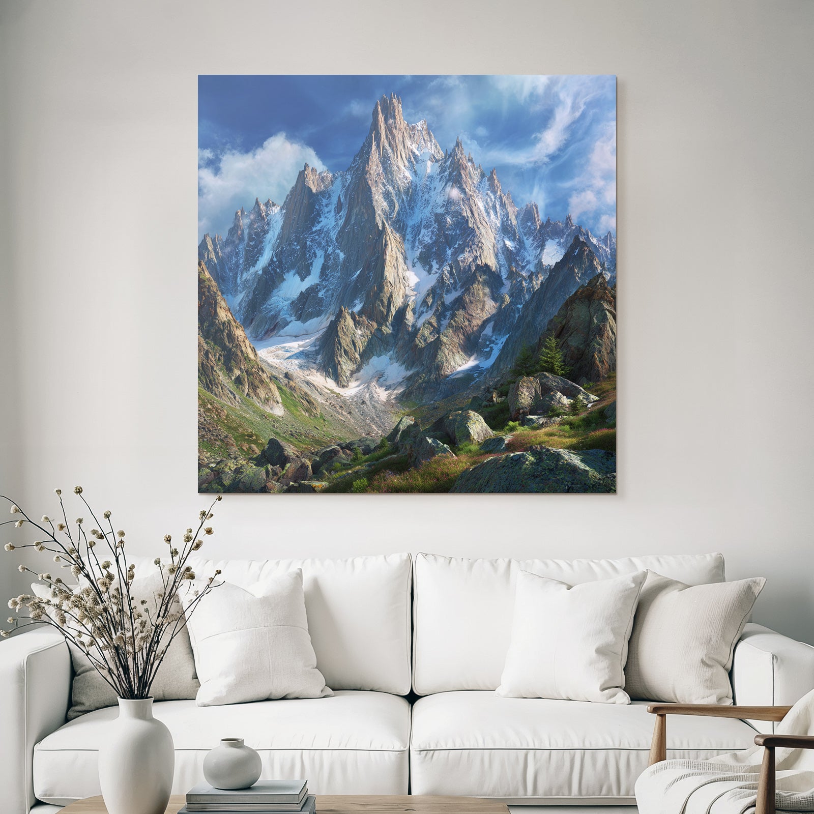 Berge Und Panoramen Bergbild Mit Schneebedeckten Spitzen Und Grünem Vordergrund