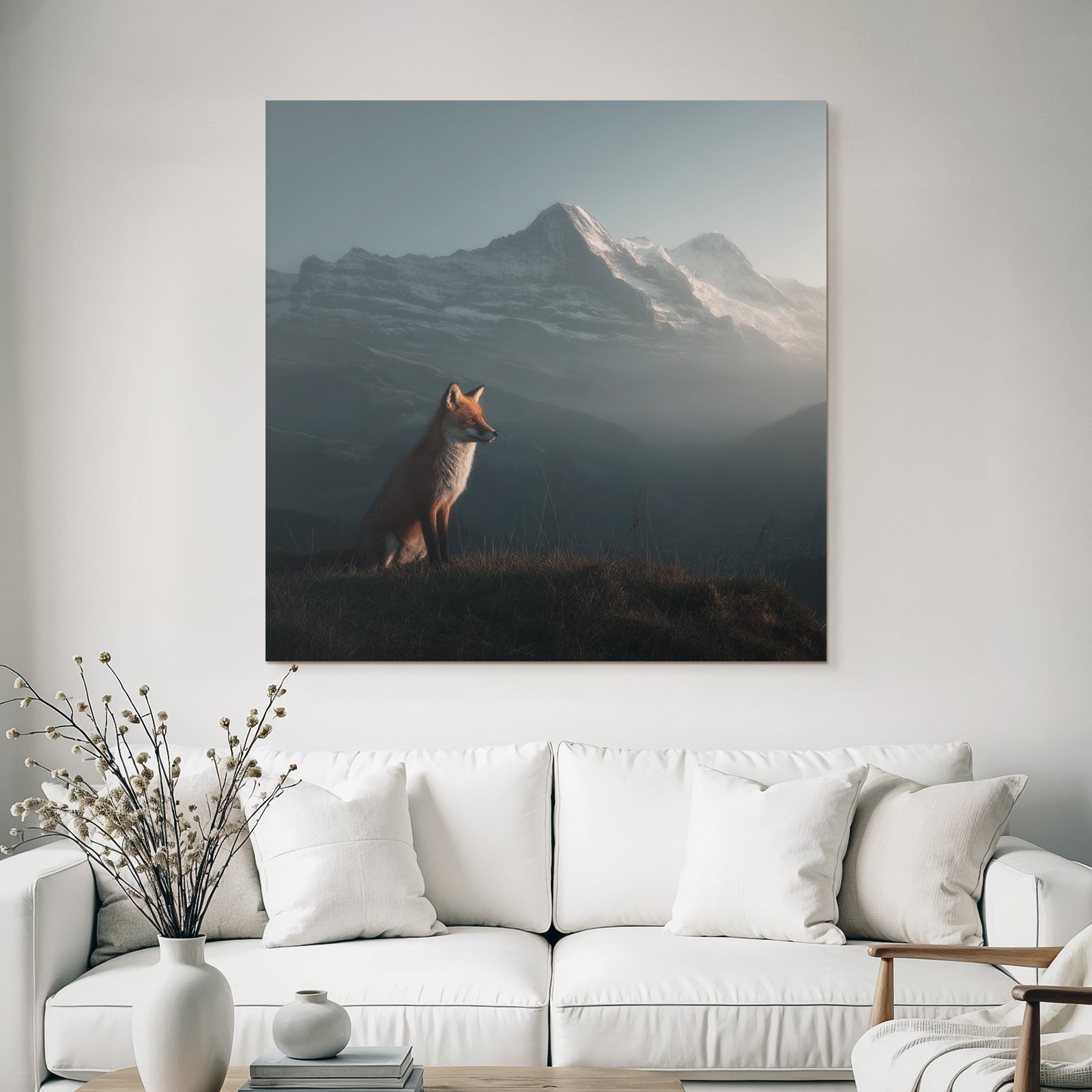 Berge Und Panoramen Fuchs Im Grünen Mit Bergen Im Hintergrund Bei Dämmerung