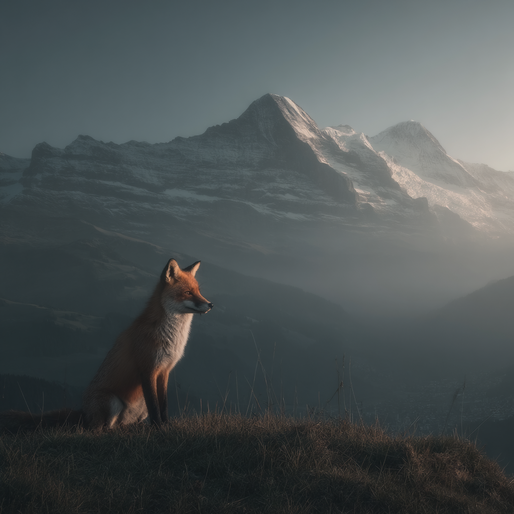 Berge Und Panoramen Fuchs Im Grünen Mit Bergen Im Hintergrund Bei Dämmerung | Berge und Panoramen | Landschaften