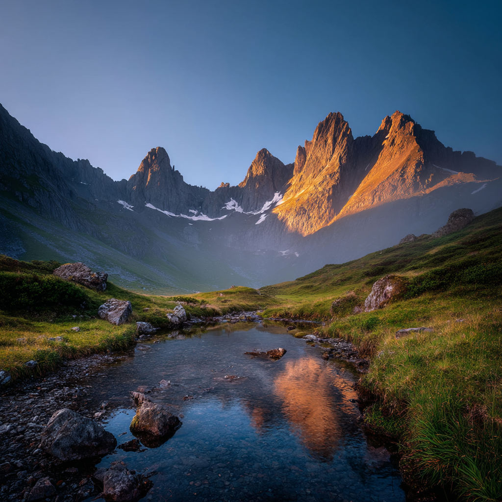 Berge Und Panoramen Ruhige Landschaft Mit Bergen Und Bach Bei Dämmerung | Berge und Panoramen | Landschaften