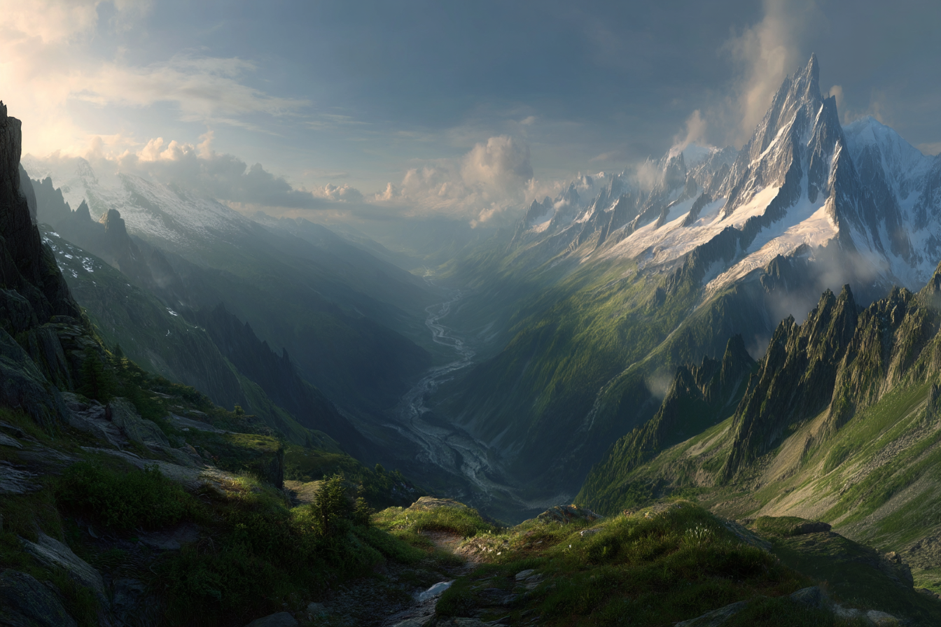 Berge Und Panoramen Atemberaubende Landschaft Rugged Mountains Lush Green Valley Winding River | Berge und Panoramen | Landschaften