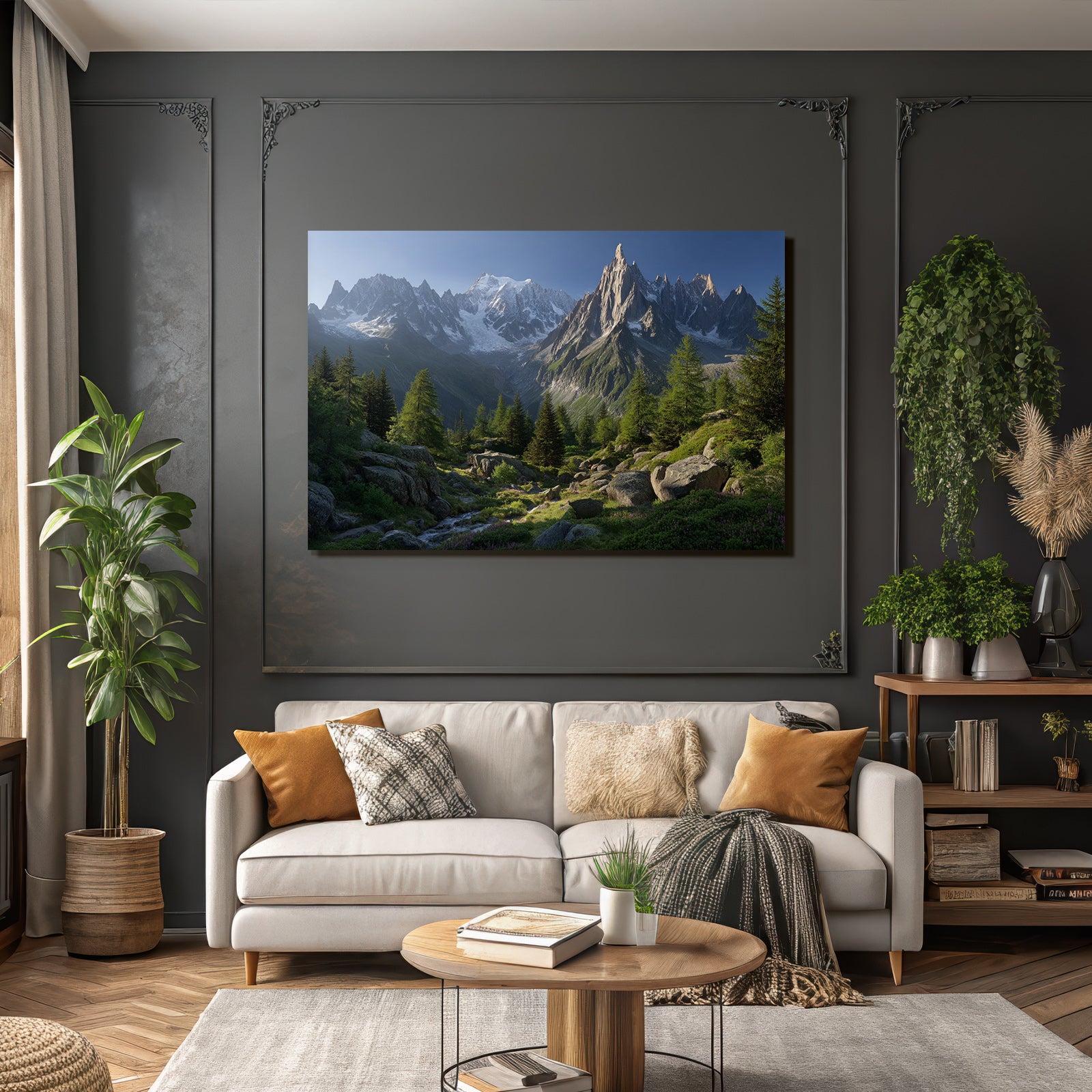 Berge Und Panoramen Bergbild Mit Schneebedeckten Gipfeln Und Fluss Im Vordergrund