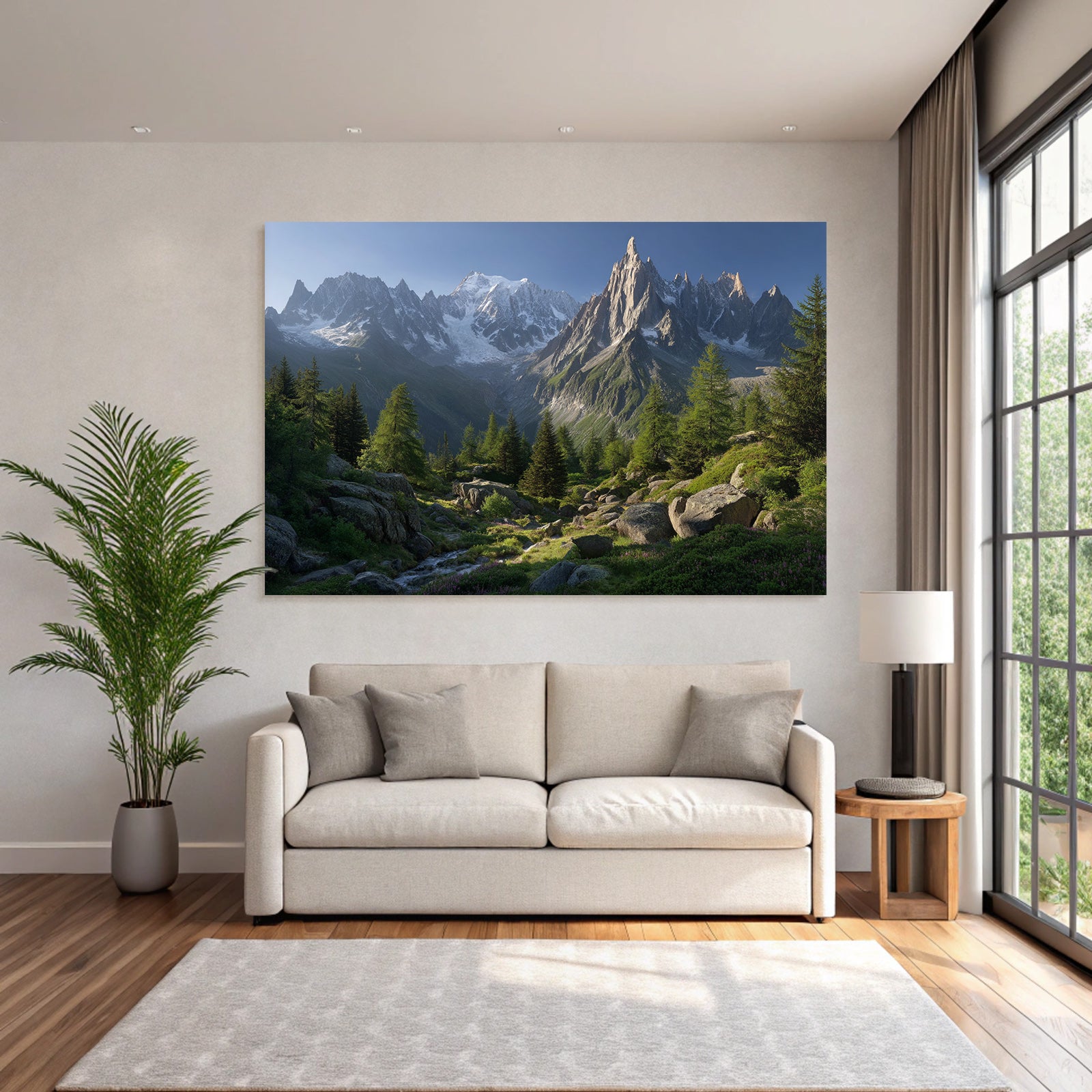 Berge Und Panoramen Bergbild Mit Schneebedeckten Gipfeln Und Fluss Im Vordergrund