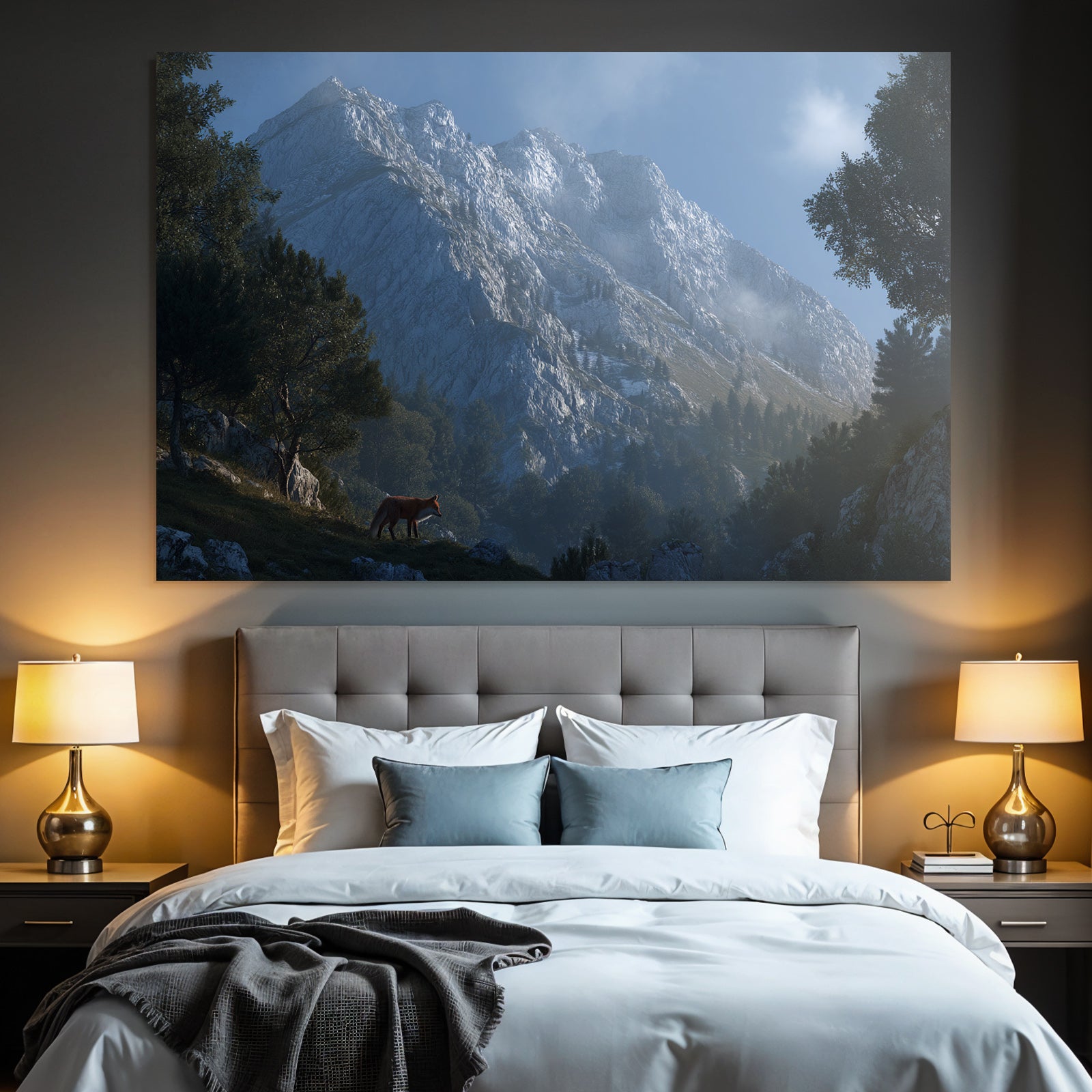 Berge Und Panoramen Berglandschaft Mit Fuchs Im Vordergrund Morgensonnenlicht