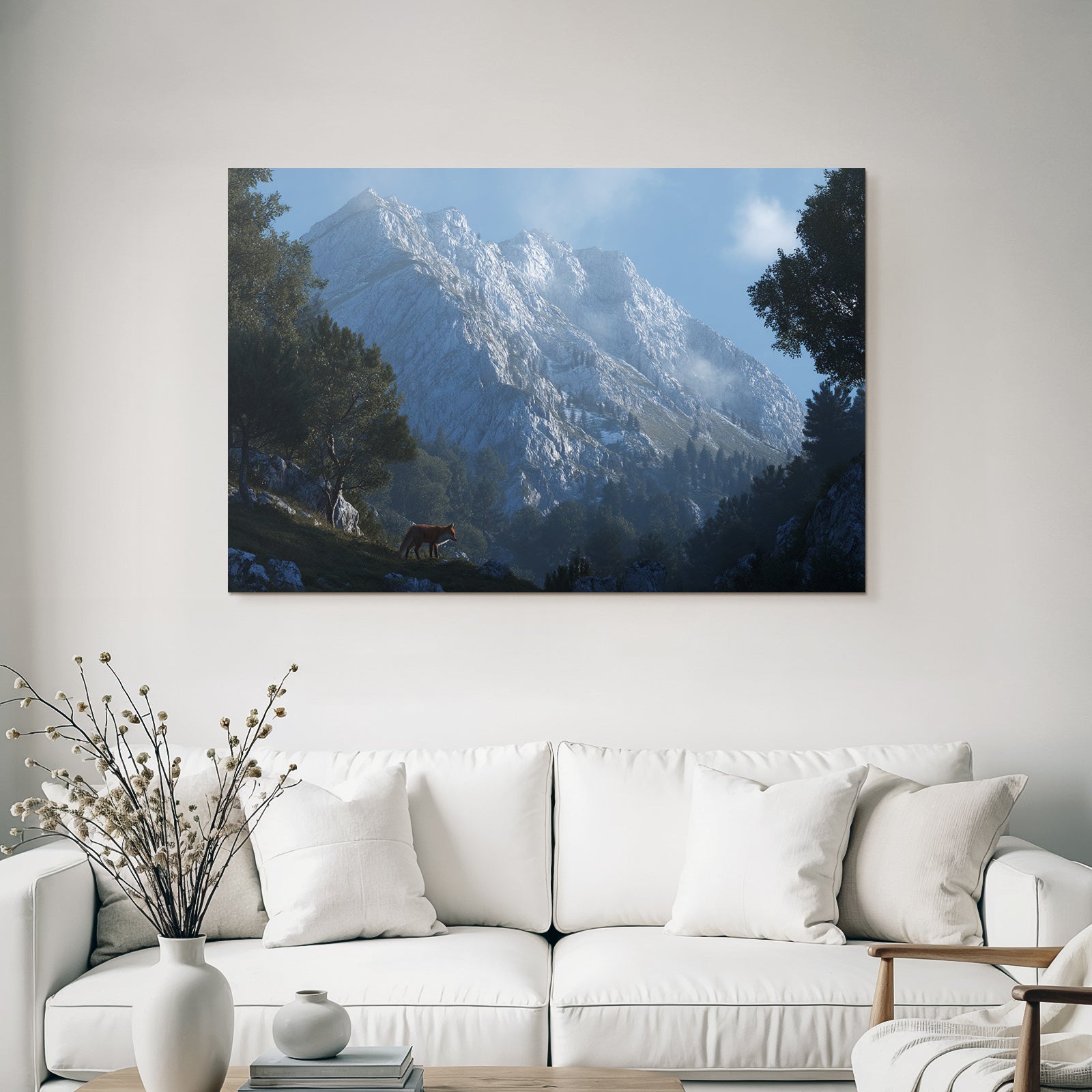 Berge Und Panoramen Berglandschaft Mit Fuchs Im Vordergrund Morgensonnenlicht