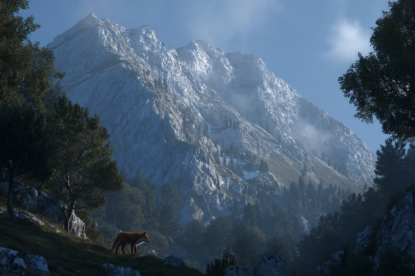 Berge Und Panoramen Berglandschaft Mit Fuchs Im Vordergrund Morgensonnenlicht | Berge und Panoramen | Landschaften