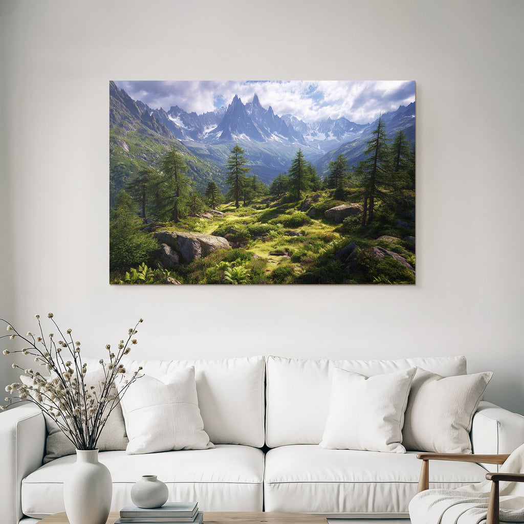 Berge Und Panoramen Berglandschaft Mit Grünen Baeumen Und Schneebedeckten Spitzen
