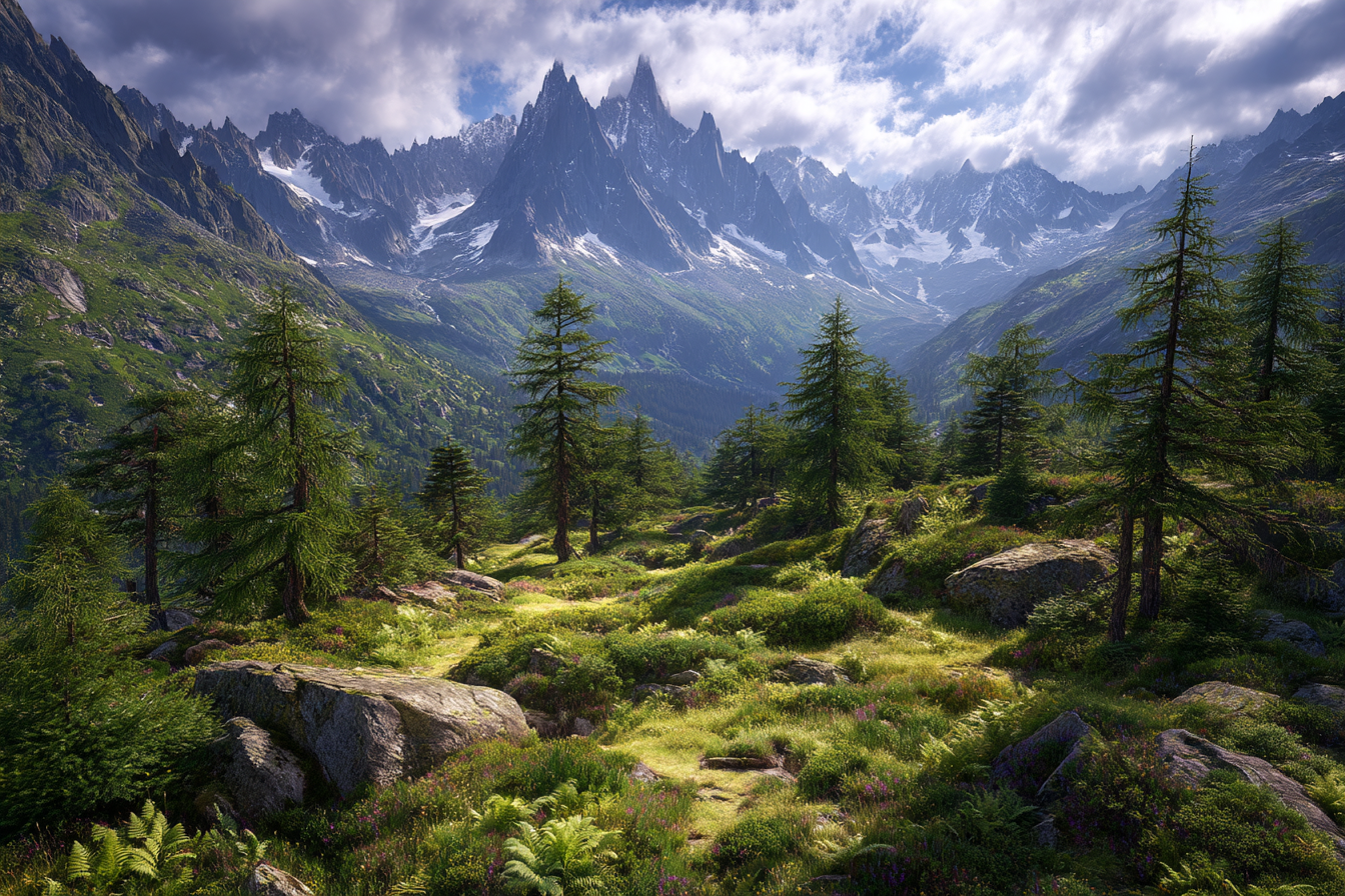 Berge Und Panoramen Berglandschaft Mit Grünen Baeumen Und Schneebedeckten Spitzen | Berge und Panoramen | Landschaften