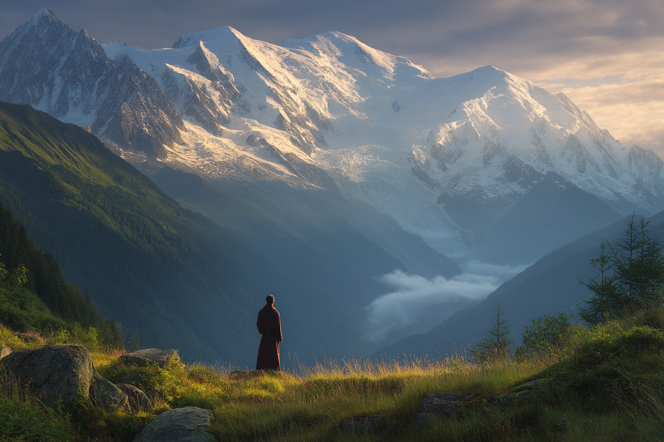 Berge Und Panoramen Berglandschaft Mit Person Im Roben Bei Dämmerung | Berge und Panoramen | Landschaften