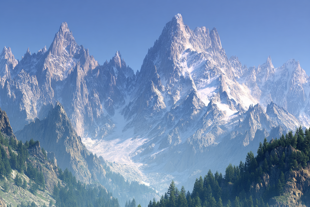 Berge Und Panoramen Berglandschaft Mit Schneebedeckten Spitzen Und Grünen Baeumen | Berge und Panoramen | Landschaften