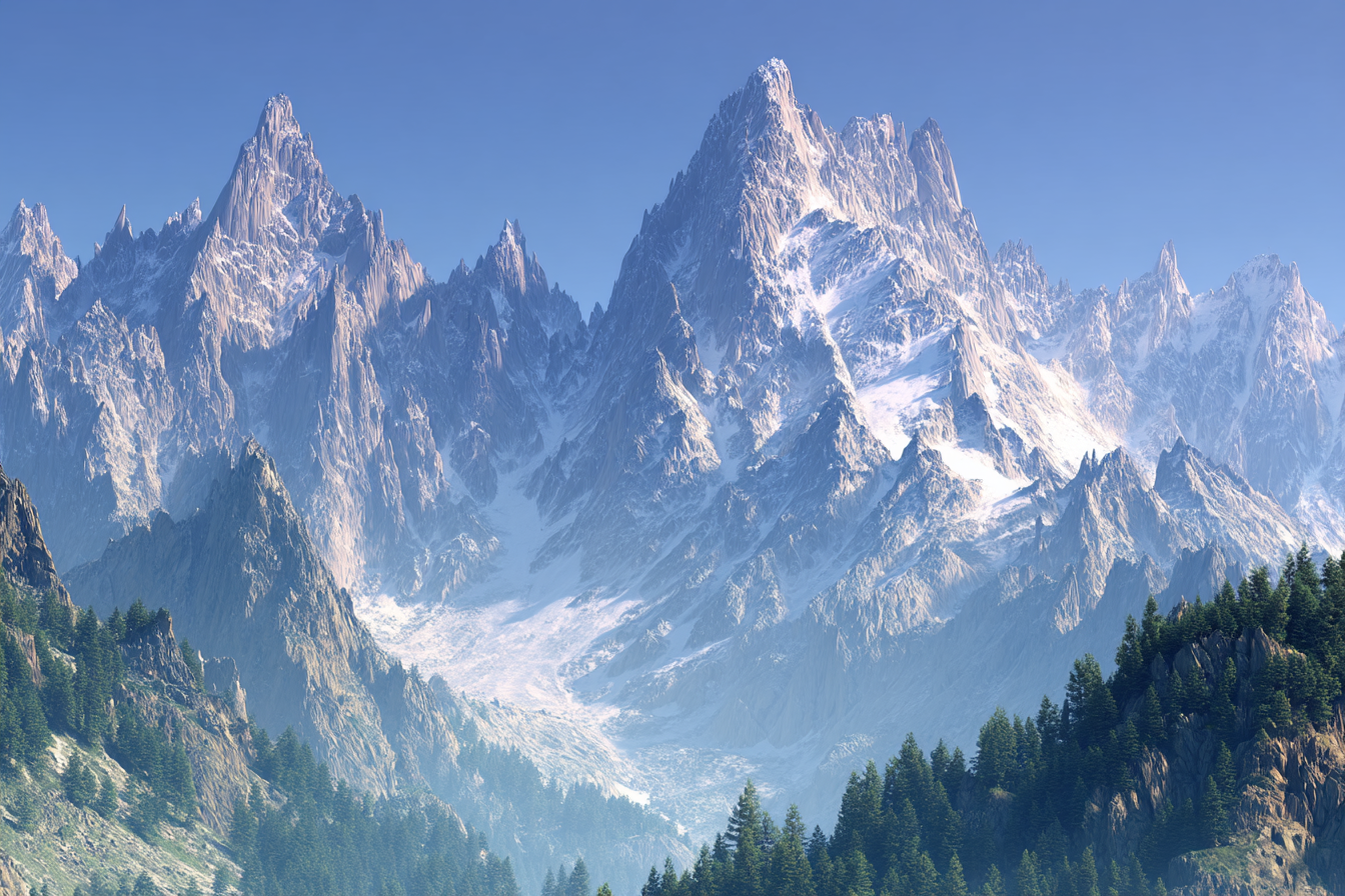 Berge Und Panoramen Berglandschaft Mit Schneebedeckten Spitzen Und Grünen Baeumen | Berge und Panoramen | Landschaften