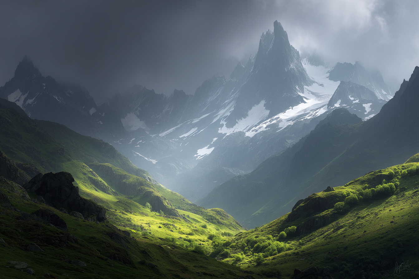 Berge Und Panoramen Dramatische Berglanschaft Mit Schneebedeckten Gipfeln Und Dunklen Wolken | Berge und Panoramen | Landschaften