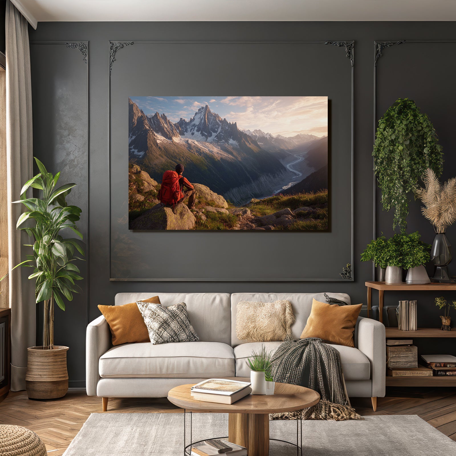 Berge Und Panoramen Einsamer Wanderer Blickt Auf Mountainlandschaft In Der Dämmerung
