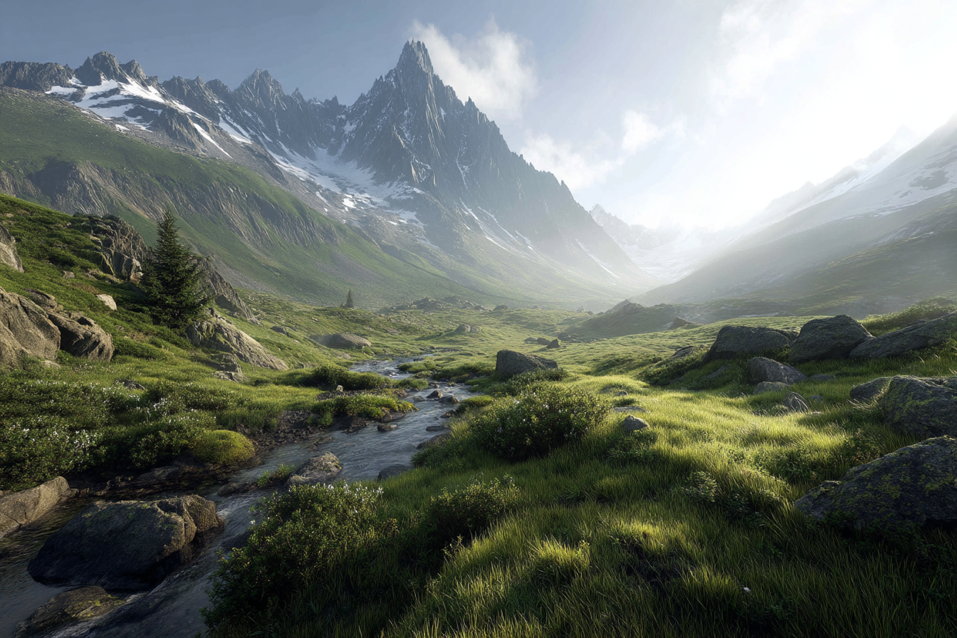 Berge Und Panoramen Friedliche Gebirgslandschaft Schneebedeckte Gipfel Grüne Täler Strom | Berge und Panoramen | Landschaften