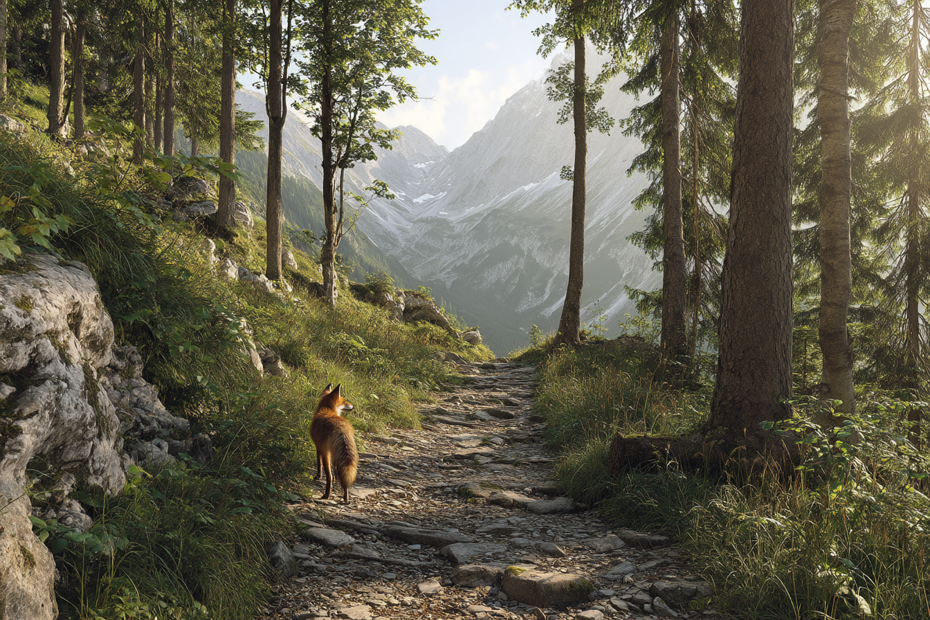 Berge Und Panoramen Friedlicher Wald Mit Reh Und Berglandschaft | Berge und Panoramen | Landschaften