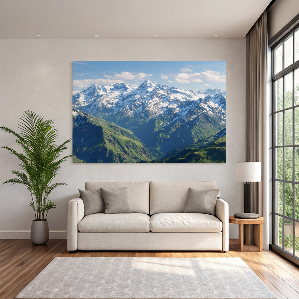 Berge Und Panoramen Schneebedeckte Berge Grüne Talansicht Himmel Mit Wolken