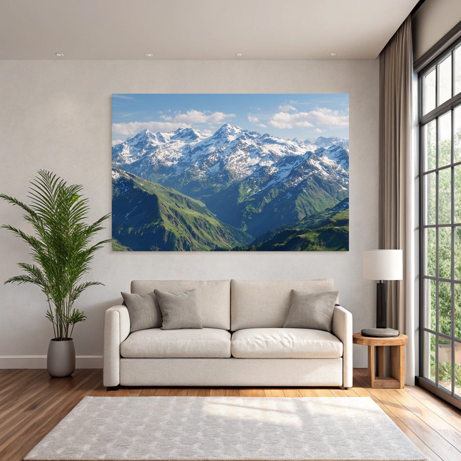 Berge Und Panoramen Schneebedeckte Berge Grüne Talansicht Himmel Mit Wolken
