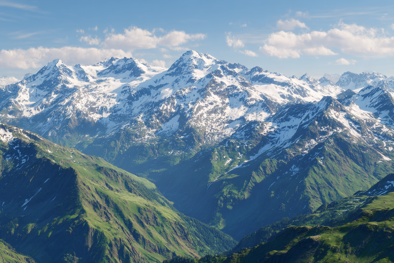 Berge Und Panoramen Schneebedeckte Berge Grüne Talansicht Himmel Mit Wolken | Berge und Panoramen | Landschaften