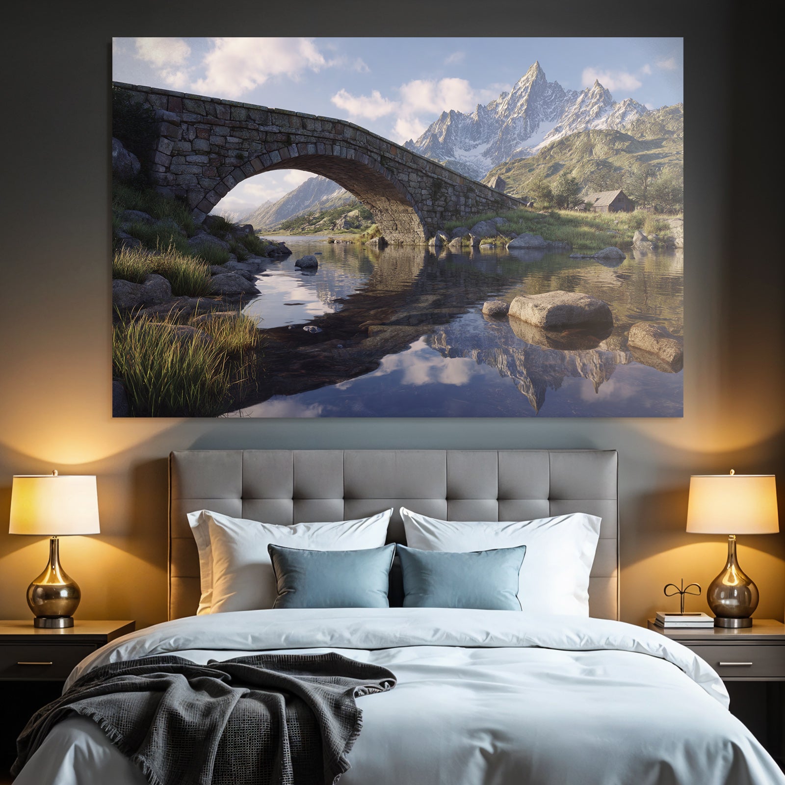 Berge Und Panoramen Steinbogenbrücke Am Fluss Mit Bergen Und Holzhütte