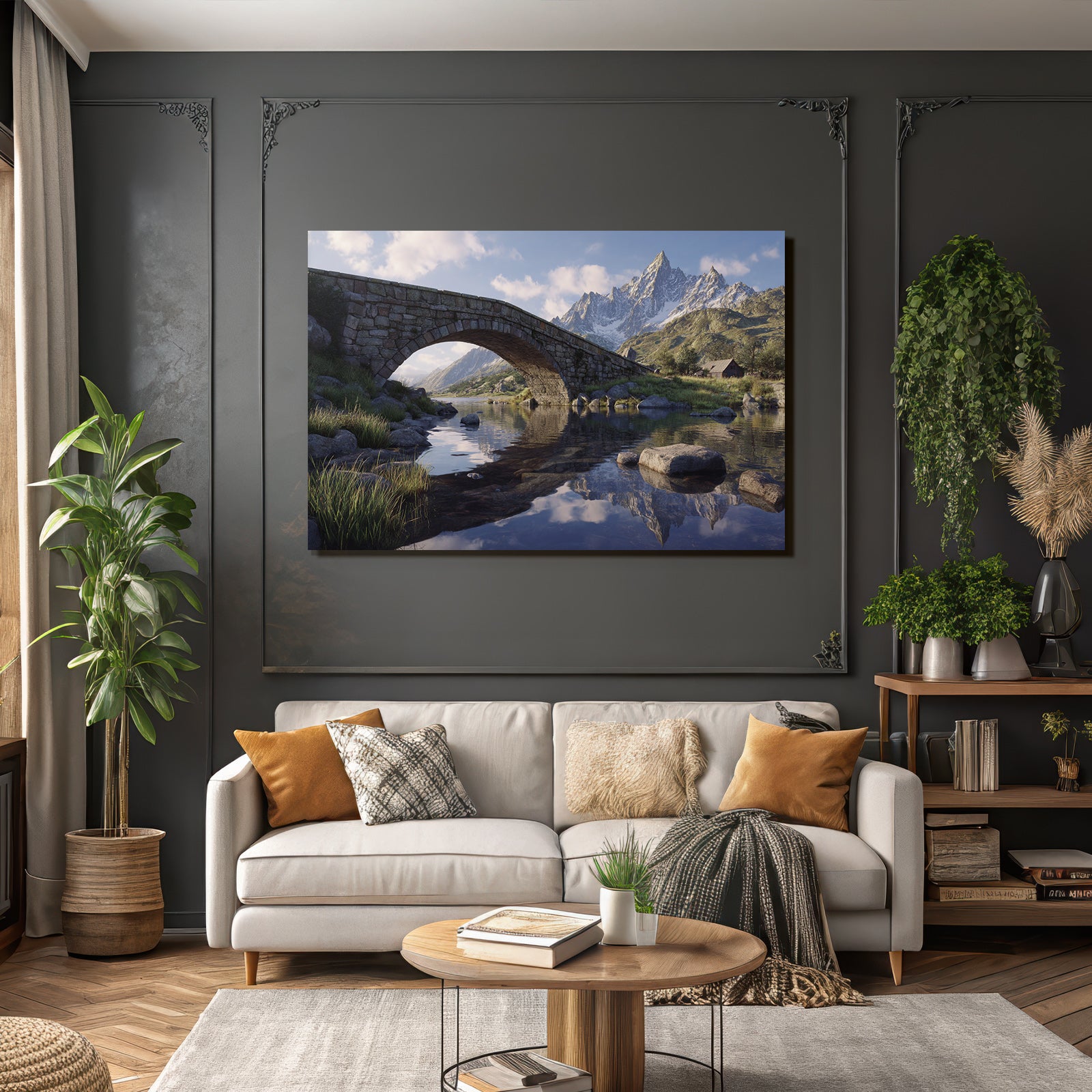 Berge Und Panoramen Steinbogenbrücke Am Fluss Mit Bergen Und Holzhütte