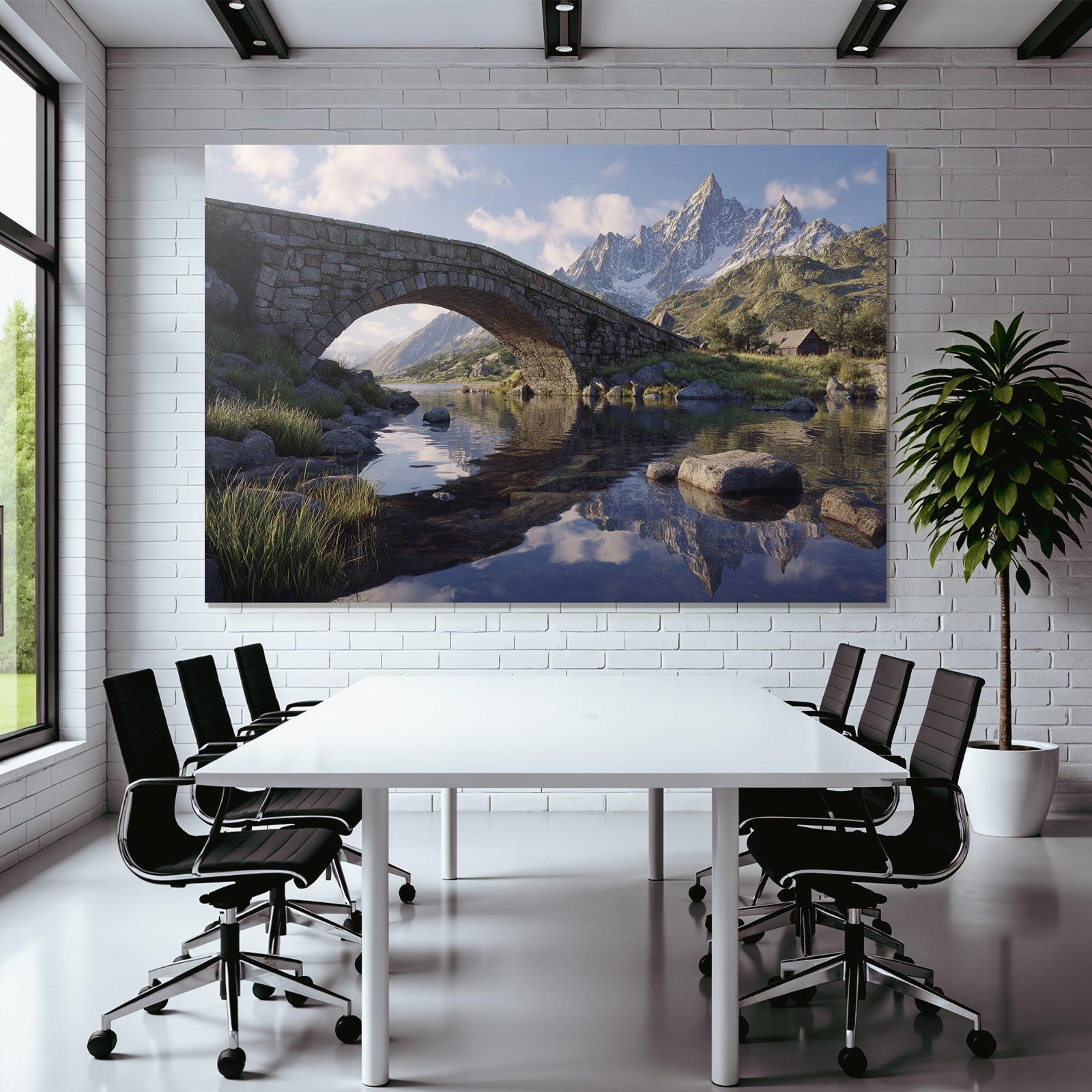 Berge Und Panoramen Steinbogenbrücke Am Fluss Mit Bergen Und Holzhütte
