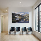 Berge Und Panoramen Steinbogenbrücke Am Fluss Mit Bergen Und Holzhütte