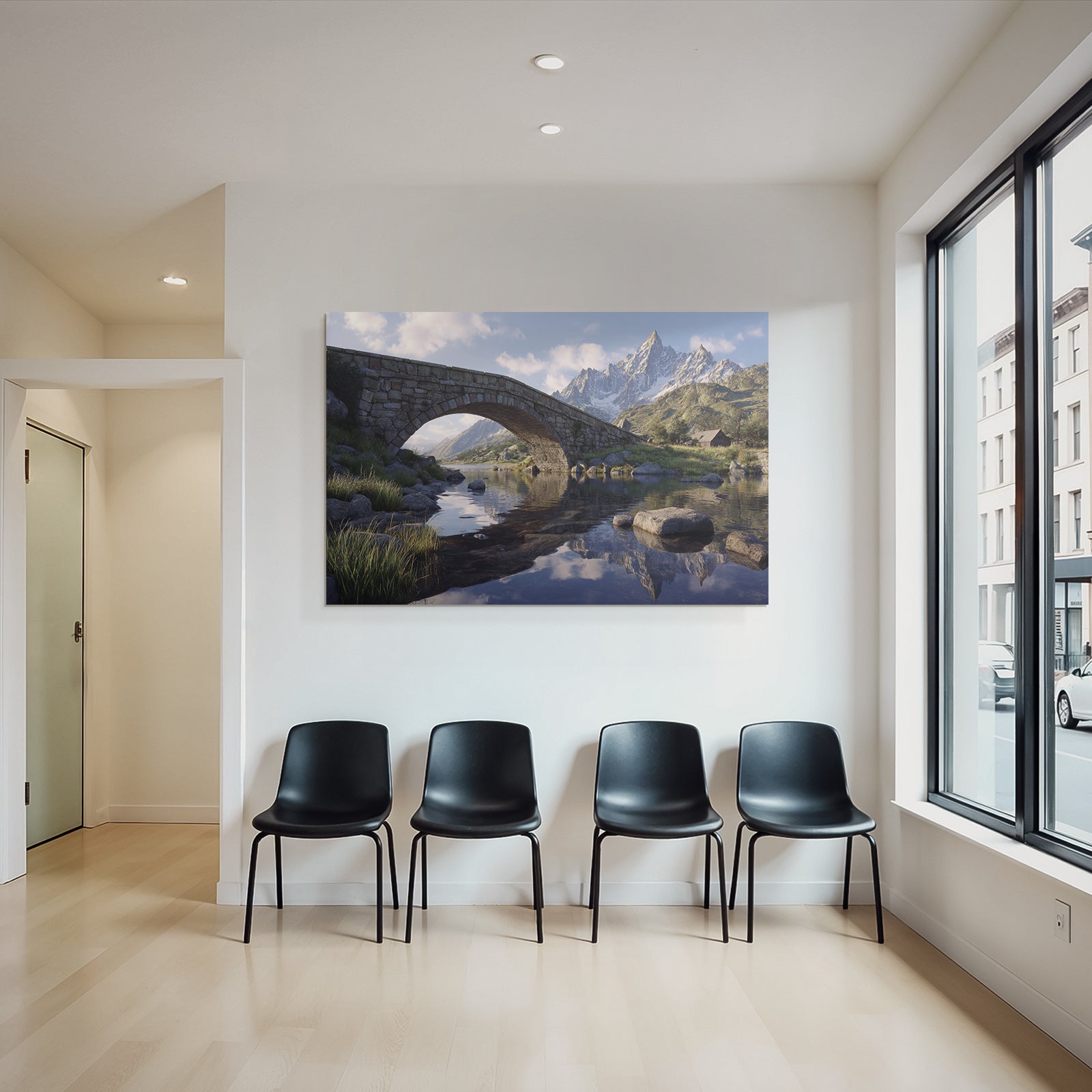 Berge Und Panoramen Steinbogenbrücke Am Fluss Mit Bergen Und Holzhütte
