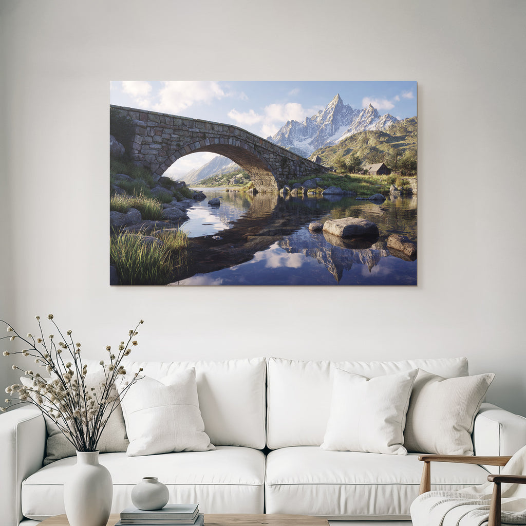 Berge Und Panoramen Steinbogenbrücke Am Fluss Mit Bergen Und Holzhütte