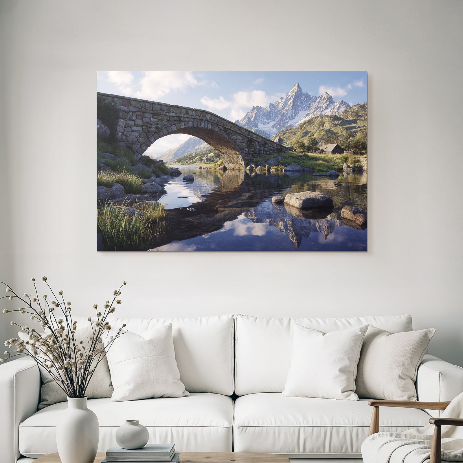 Berge Und Panoramen Steinbogenbrücke Am Fluss Mit Bergen Und Holzhütte