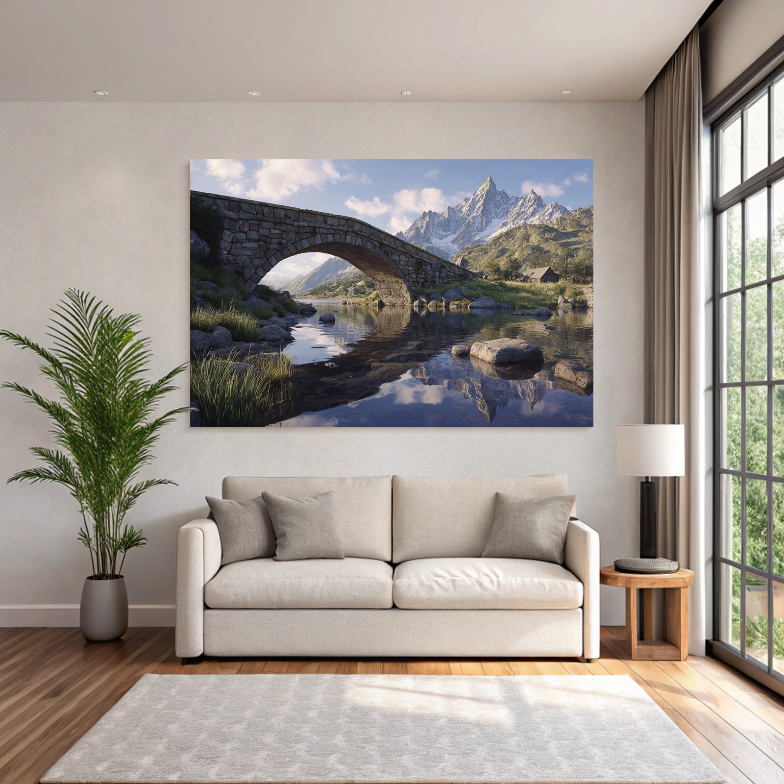 Berge Und Panoramen Steinbogenbrücke Am Fluss Mit Bergen Und Holzhütte