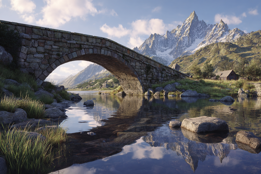 Berge Und Panoramen Steinbogenbrücke Am Fluss Mit Bergen Und Holzhütte | Berge und Panoramen | Landschaften