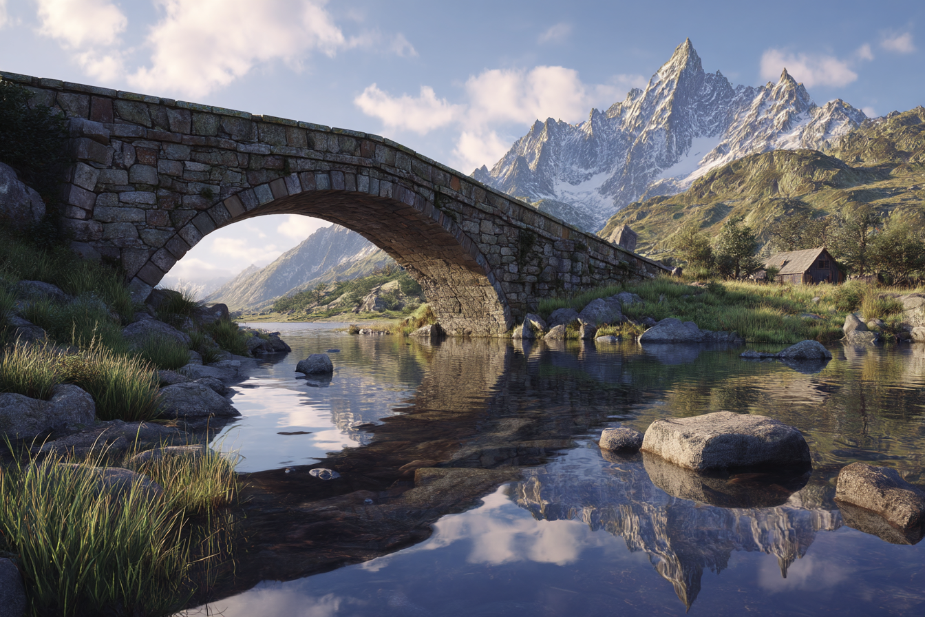 Berge Und Panoramen Steinbogenbrücke Am Fluss Mit Bergen Und Holzhütte | Berge und Panoramen | Landschaften