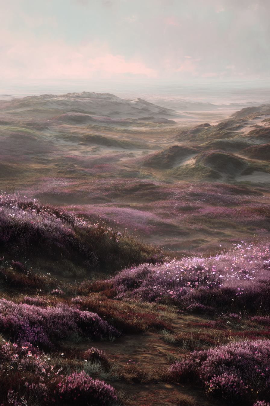 Ruhige Landlandschaft Mit Violetten Blumen Und Meer Horizont