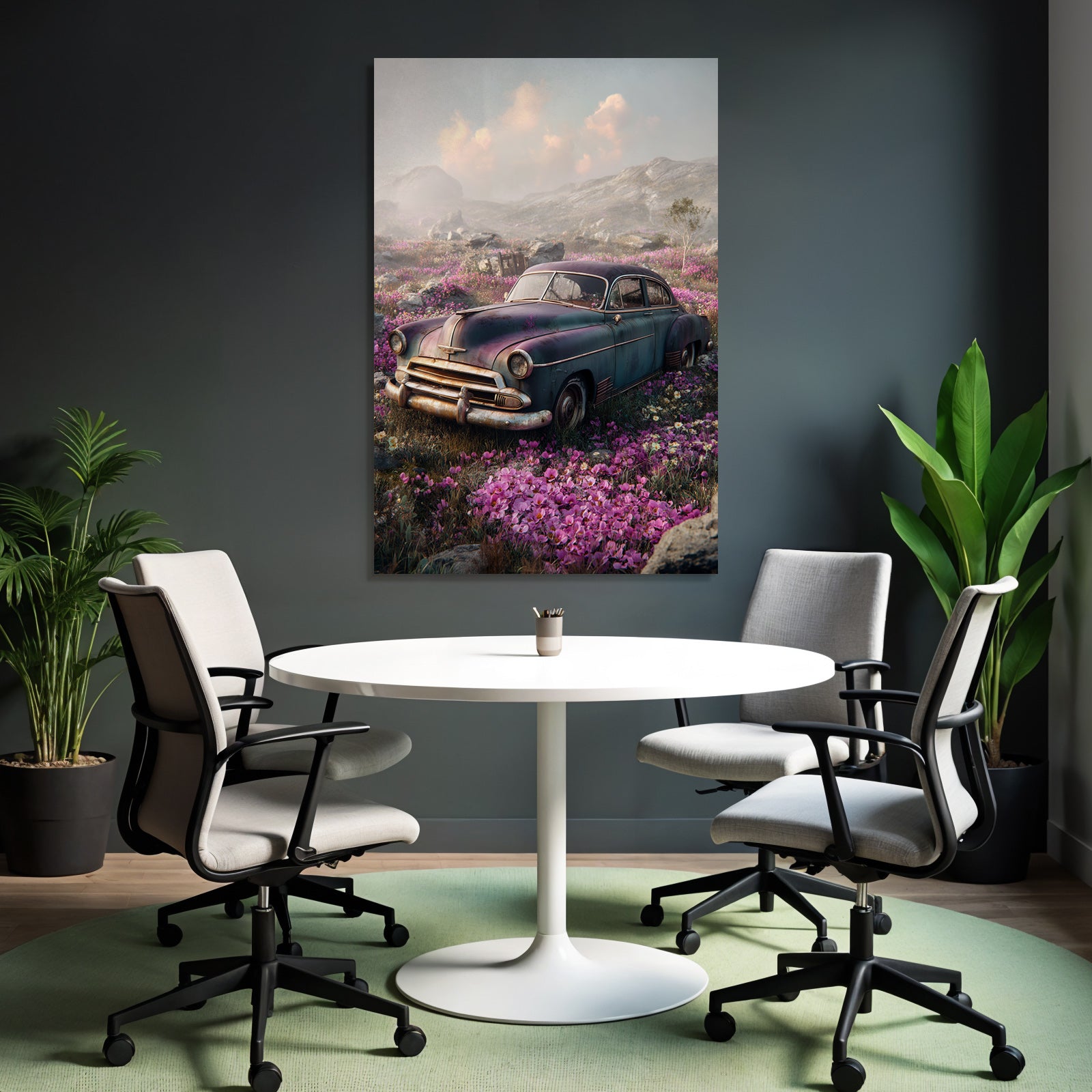 Vintage Auto Auf Feld Mit Blumen Und Himmel | Duenen und Heide | Landschaften