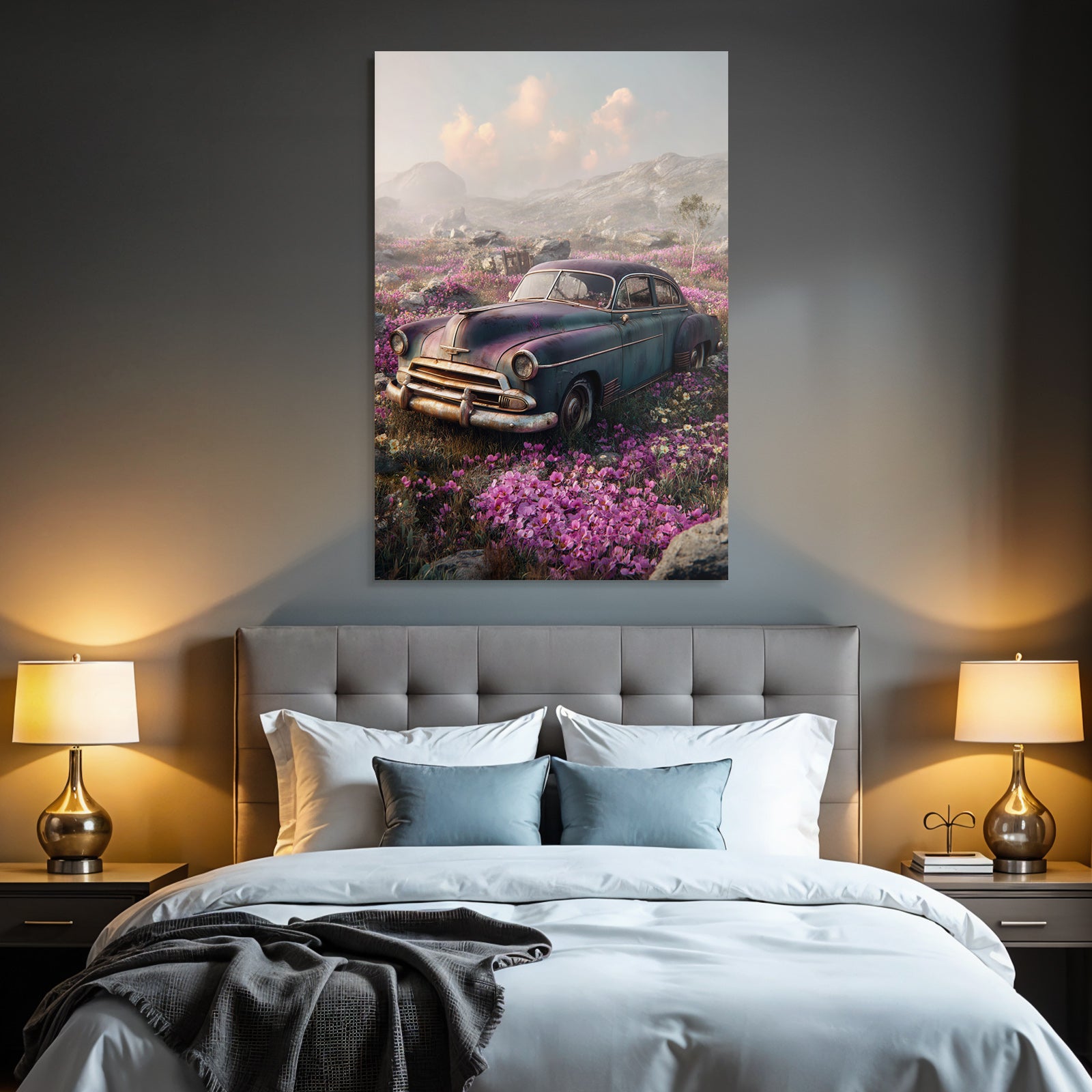 Vintage Auto Auf Feld Mit Blumen Und Himmel | Duenen und Heide | Landschaften