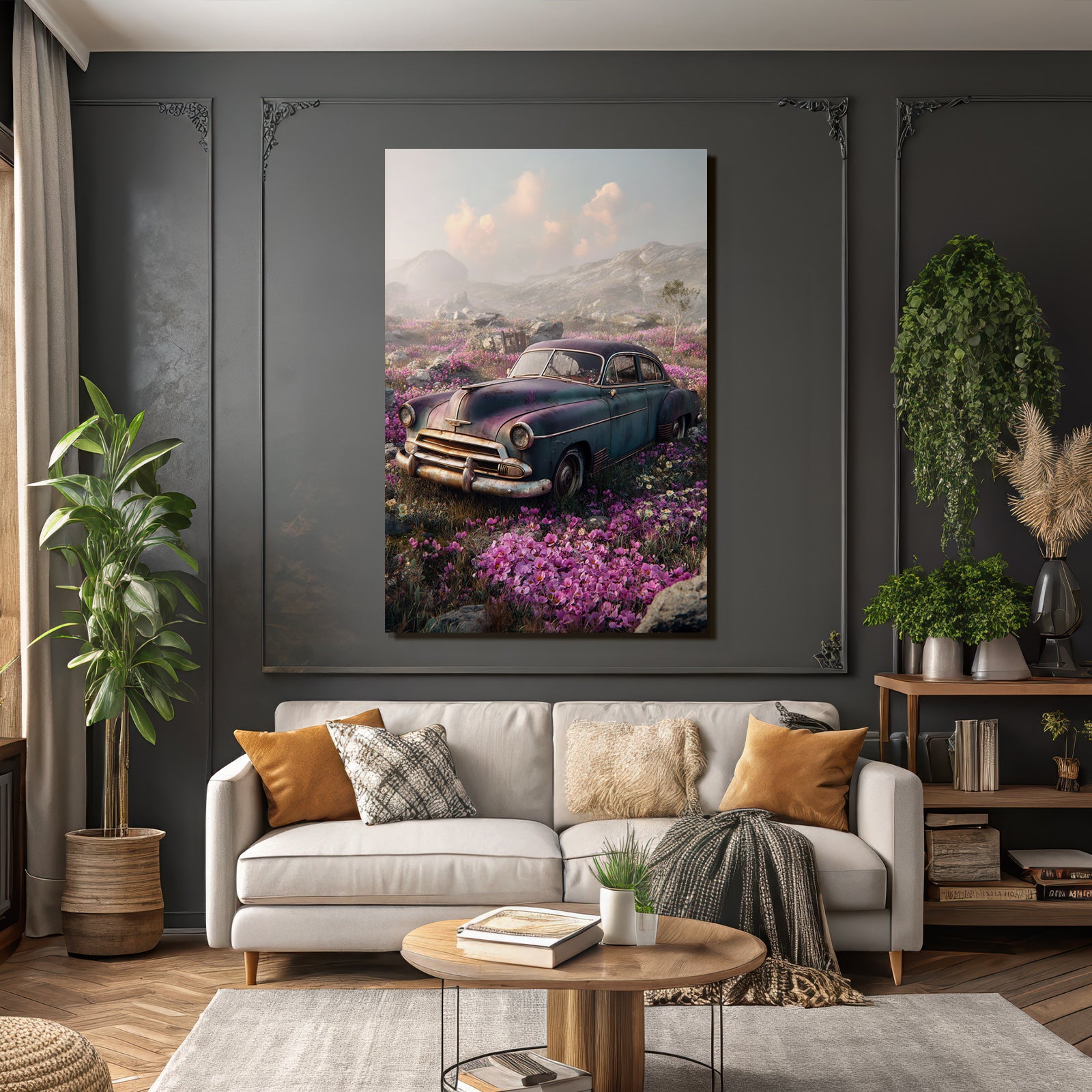 Vintage Auto Auf Feld Mit Blumen Und Himmel | Duenen und Heide | Landschaften